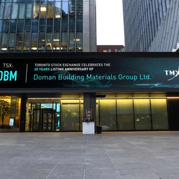 Photo of congratulatory banner profiled on the 60 foot outdoor TSX display in downtown Toronto.