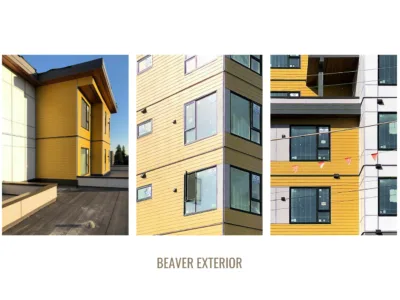 Modern condo complex with yellow cladding.