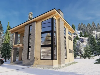 Modern house with CanExcel siding located in a winter spruce forest.