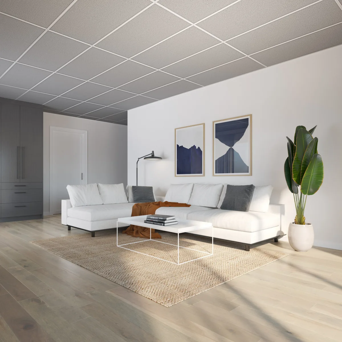 Salon moderne entièrement blanc avec un beau parquet et des carreaux de plafond blancs BP.