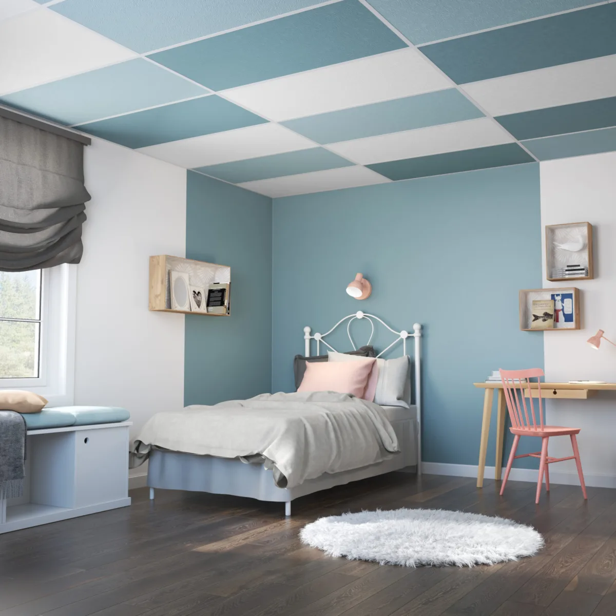 Chambre de fille blanche et bleue avec carrelage BP Ceiling blanc et bleu.
