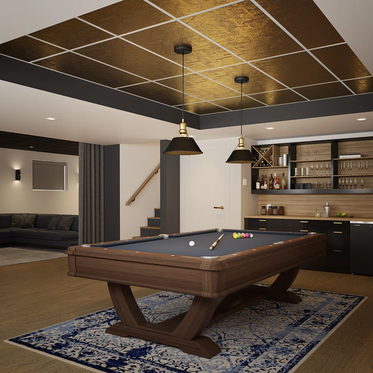 Salle de billard avec dalles de plafond BP.