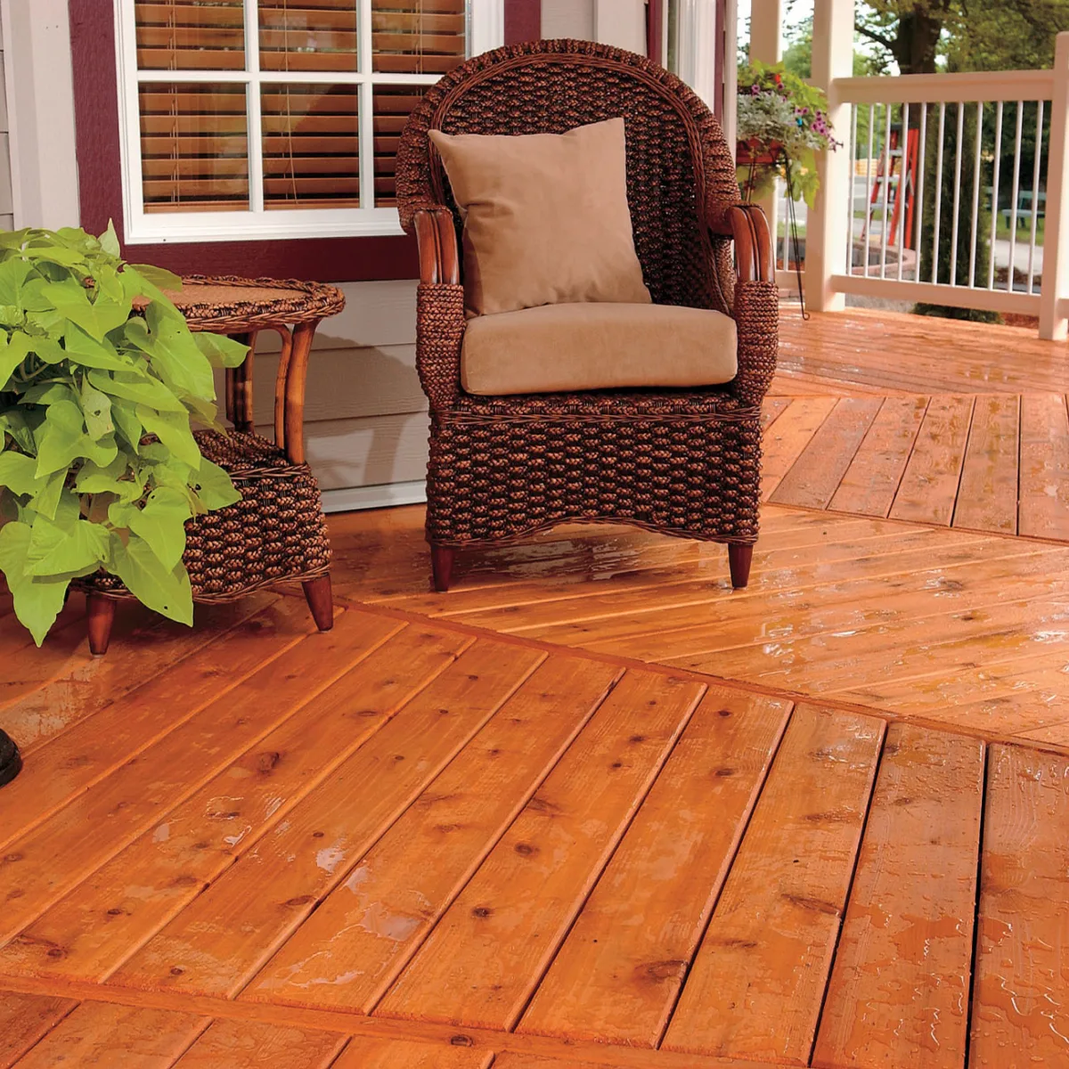 Cedar Products decking and railing on a patio