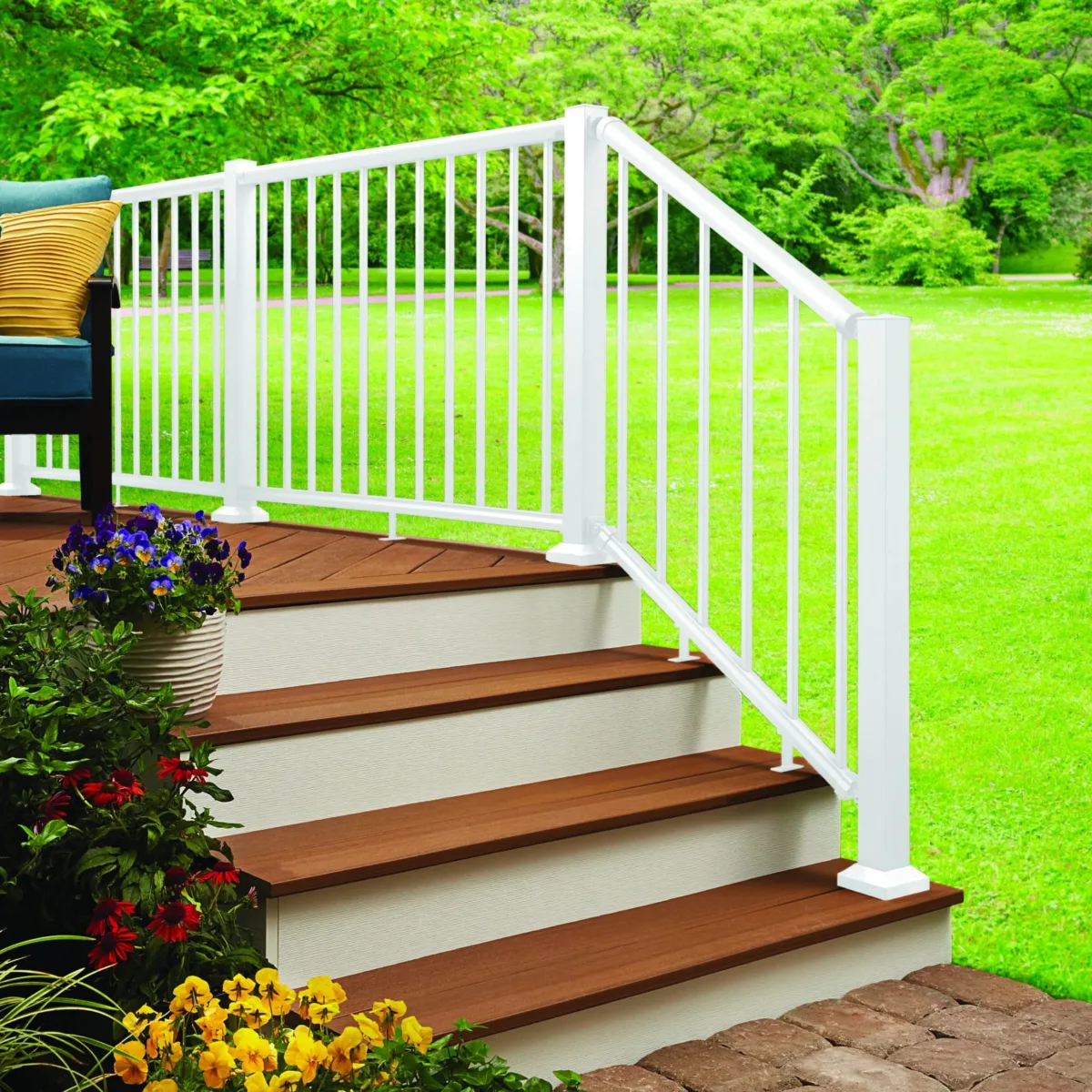 Century Aluminum Railings white picket railing on backyard wood deck
