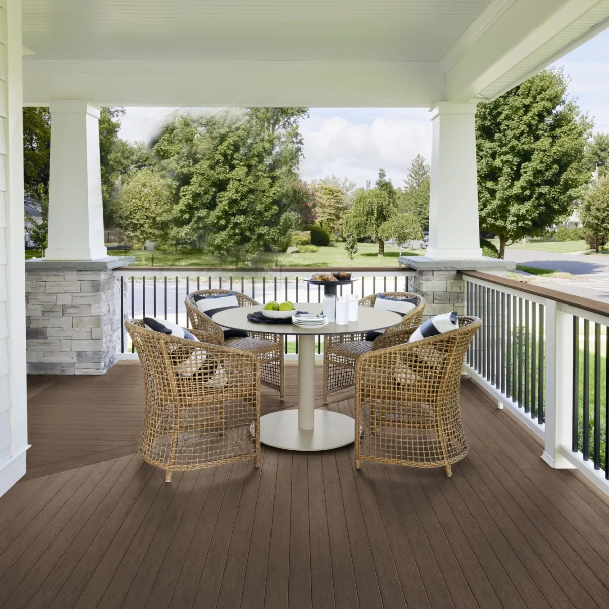 Timbertech Advanced PVC and composite decking and railing English Walnut Porch Drink Rail